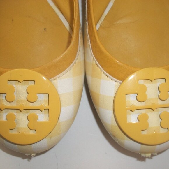 Tory Burch Minnie Yellow & White Gingham Ballet Flats w Yellow Patent Logo - Picture 3 of 9